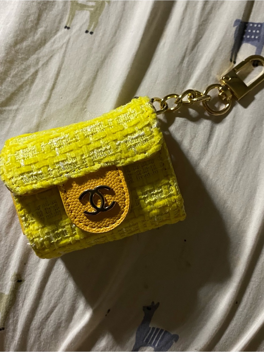 Chanel Inspired Yellow Tweed Mini Bag Keychain with CC Logo